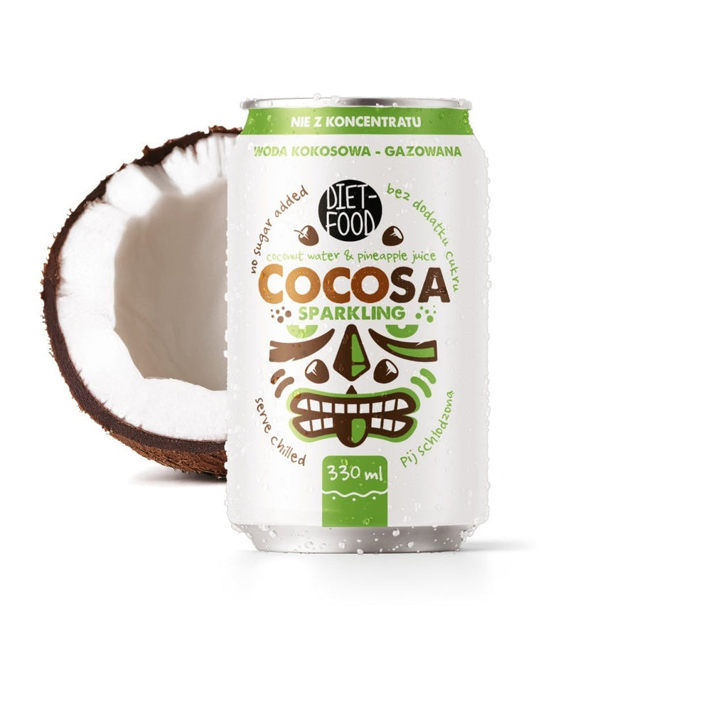330ml can of Cocosa sparkling coconut water, a refreshing natural isotonic drink with tropical flavor
