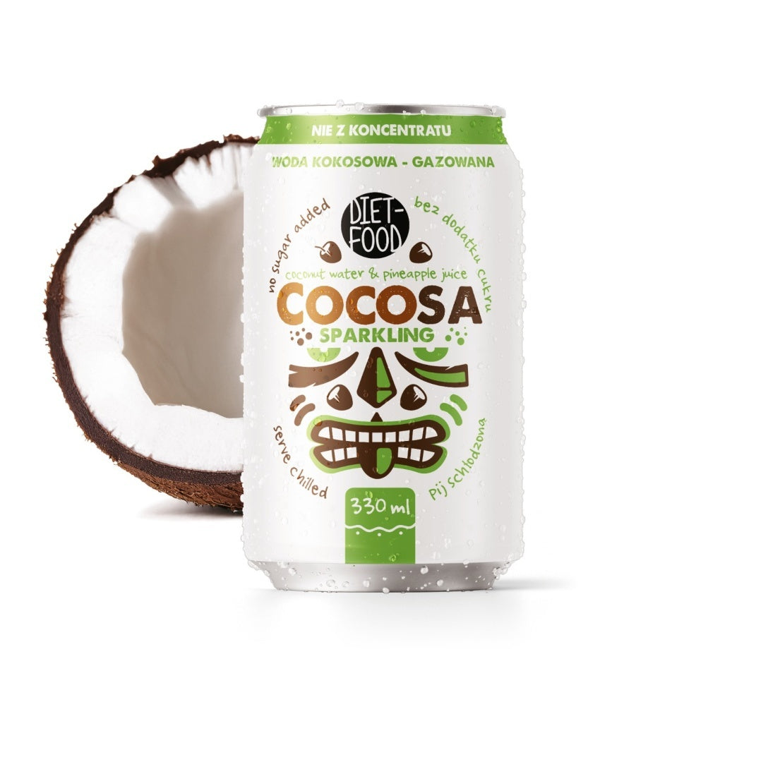 330ml can of Cocosa sparkling coconut water, a refreshing natural isotonic drink with tropical flavor