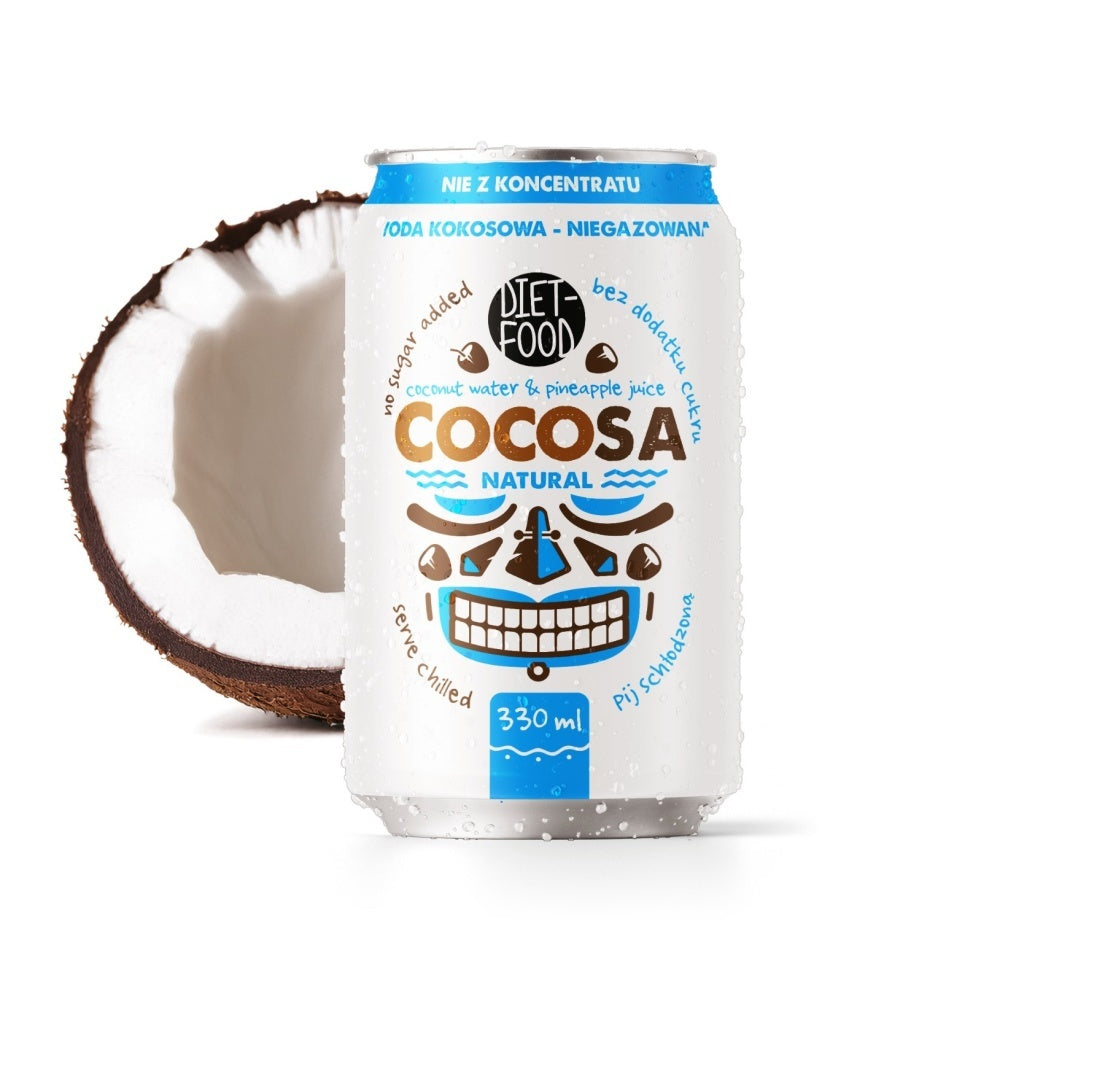 Clear refreshing Cocosa coconut water in a 330ml container for natural electrolyte sports hydration — view 2