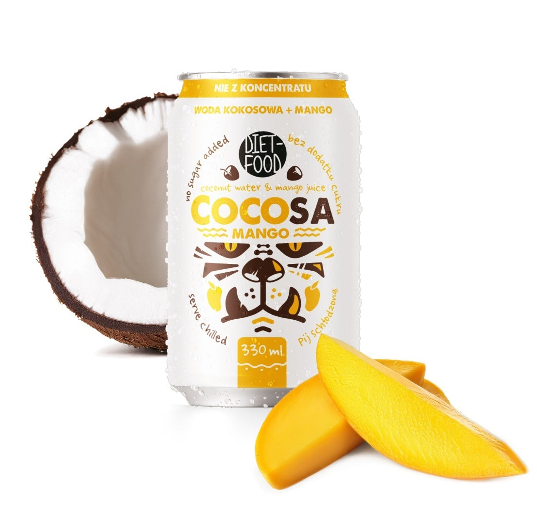 Cocosa coconut water with mango juice in a 330ml container, natural hydrating tropical fruit beverage — view 2