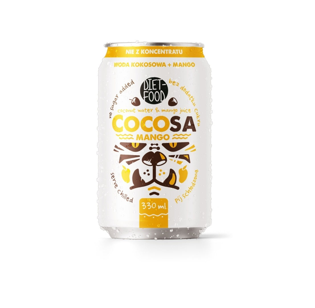 Cocosa coconut water with mango juice in a 330ml container, natural hydrating tropical fruit beverage