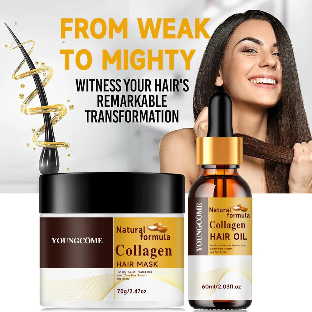 Collagen keratin hair mask and hair oil set in sleek cosmetic packaging for deep repair.