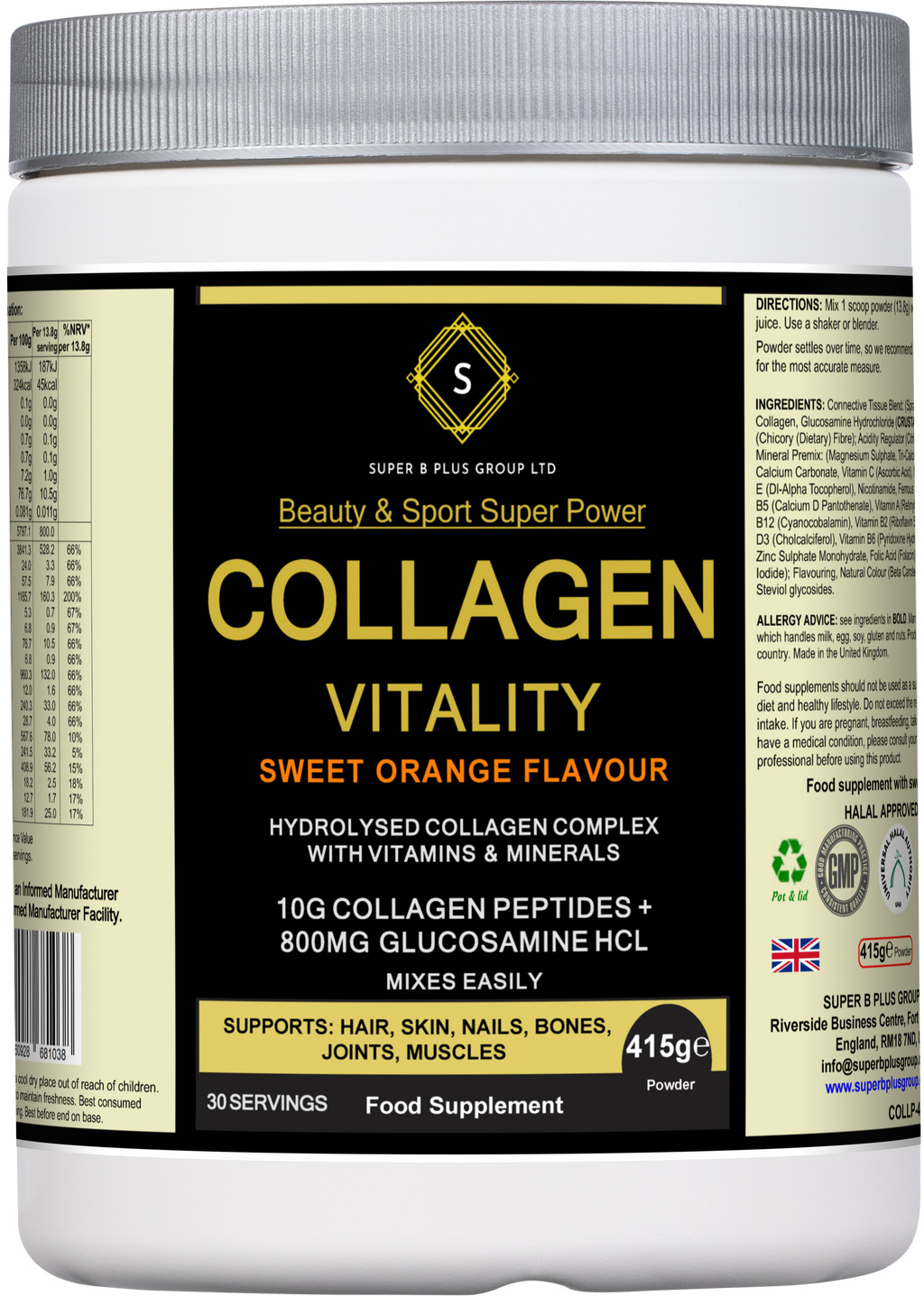 Tub of sweet orange Collagen Vitality supplement powder for joint and beauty support.