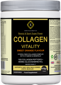Tub of sweet orange Collagen Vitality supplement powder for joint and beauty support.