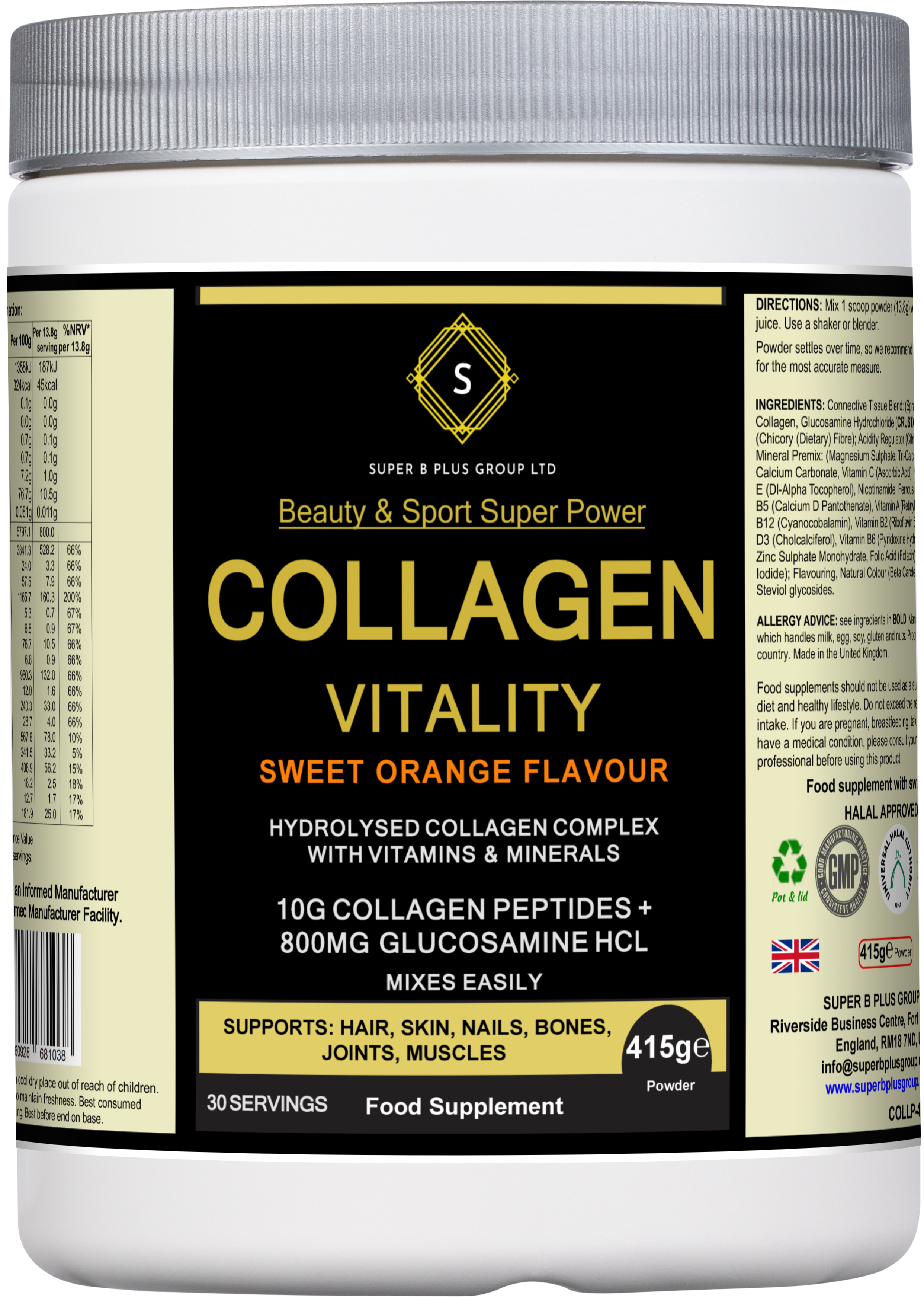 Tub of sweet orange Collagen Vitality supplement powder for joint and beauty support.
