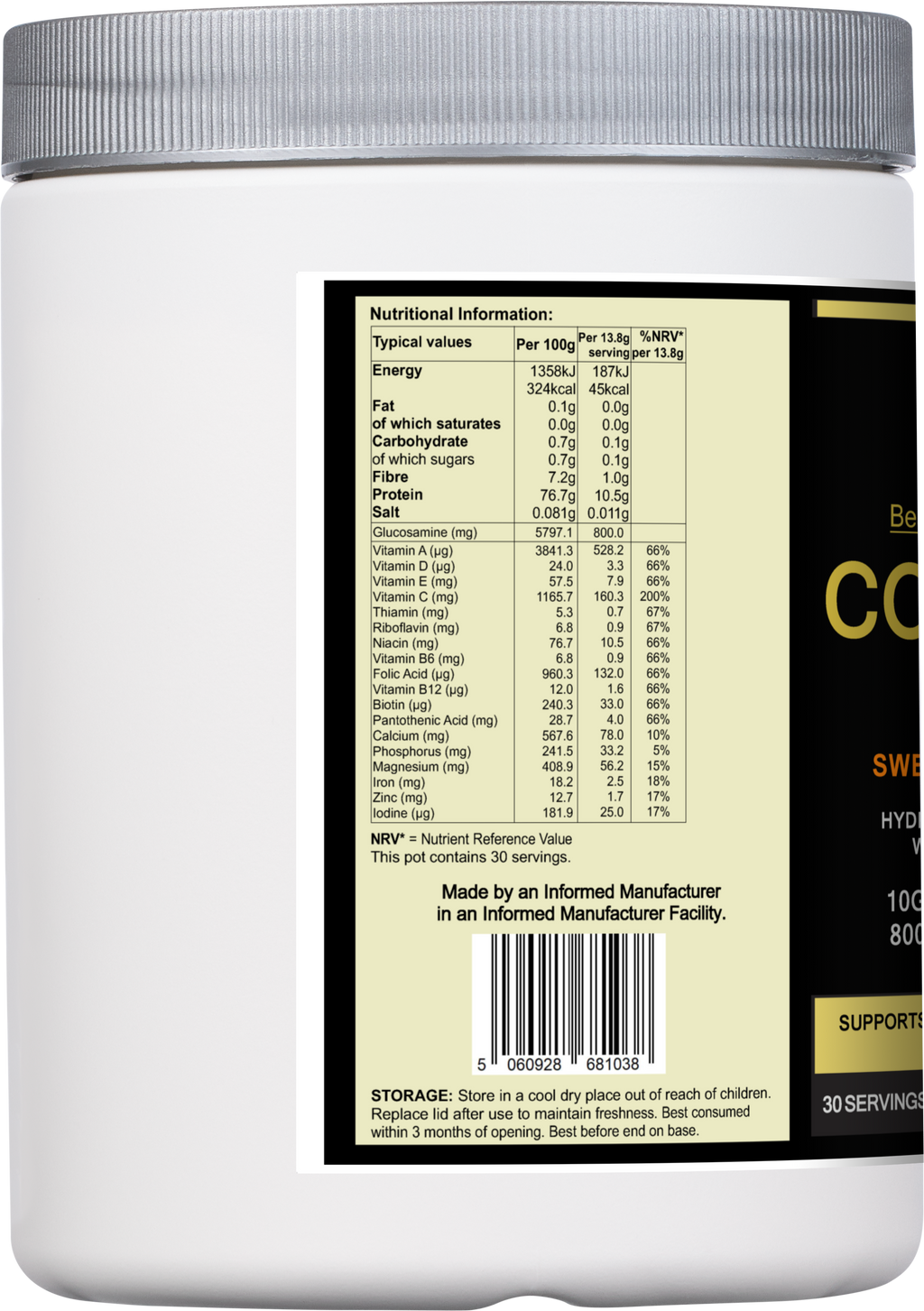 Tub of sweet orange Collagen Vitality supplement powder for joint and beauty support. — view 2