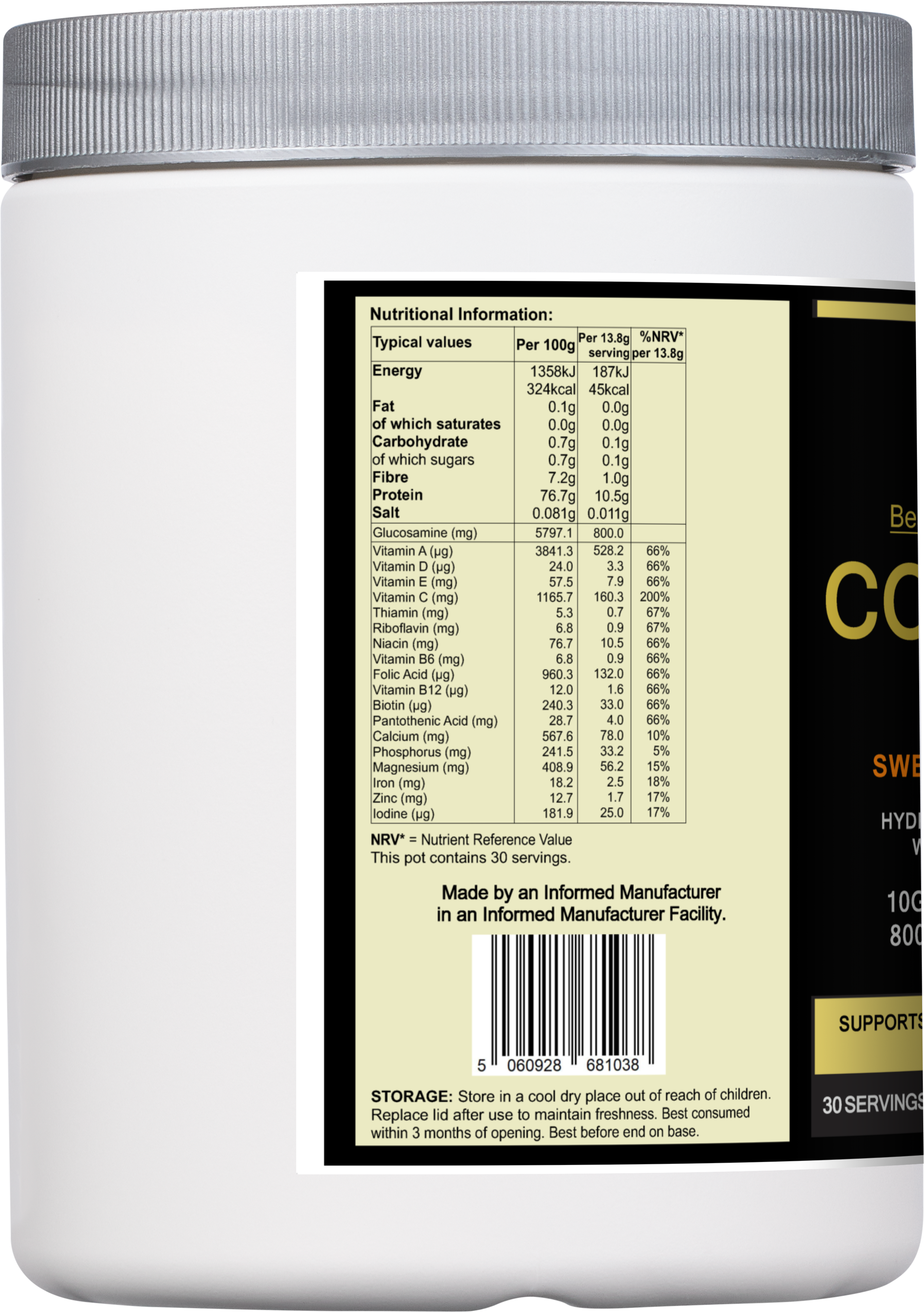 Tub of sweet orange Collagen Vitality supplement powder for joint and beauty support. — view 2