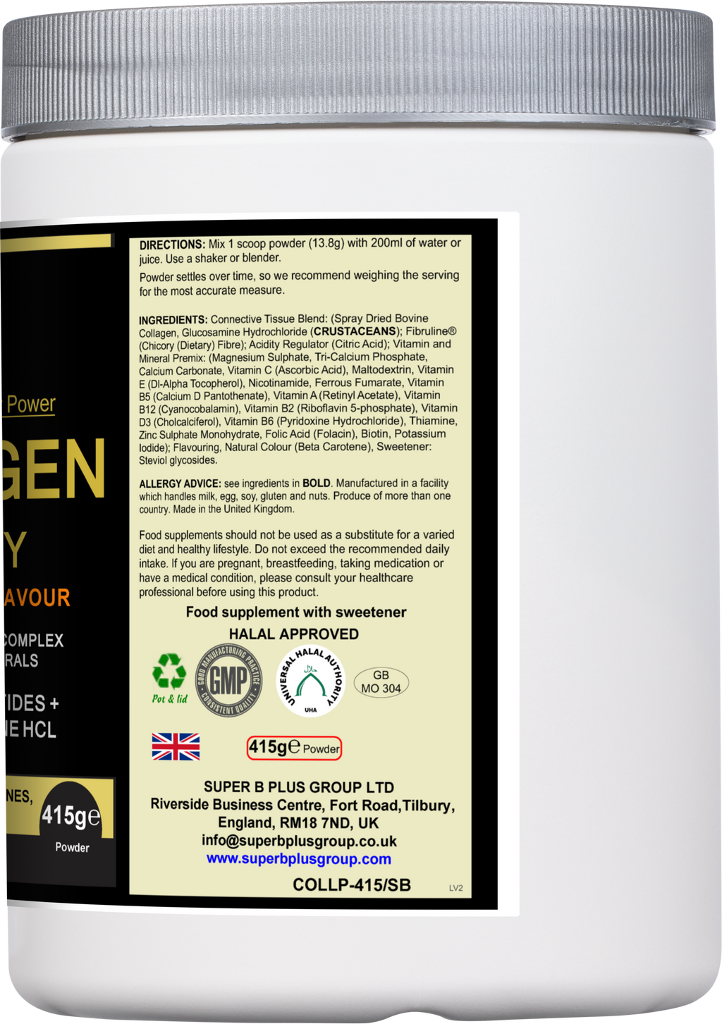 Tub of sweet orange Collagen Vitality supplement powder for joint and beauty support. — view 3