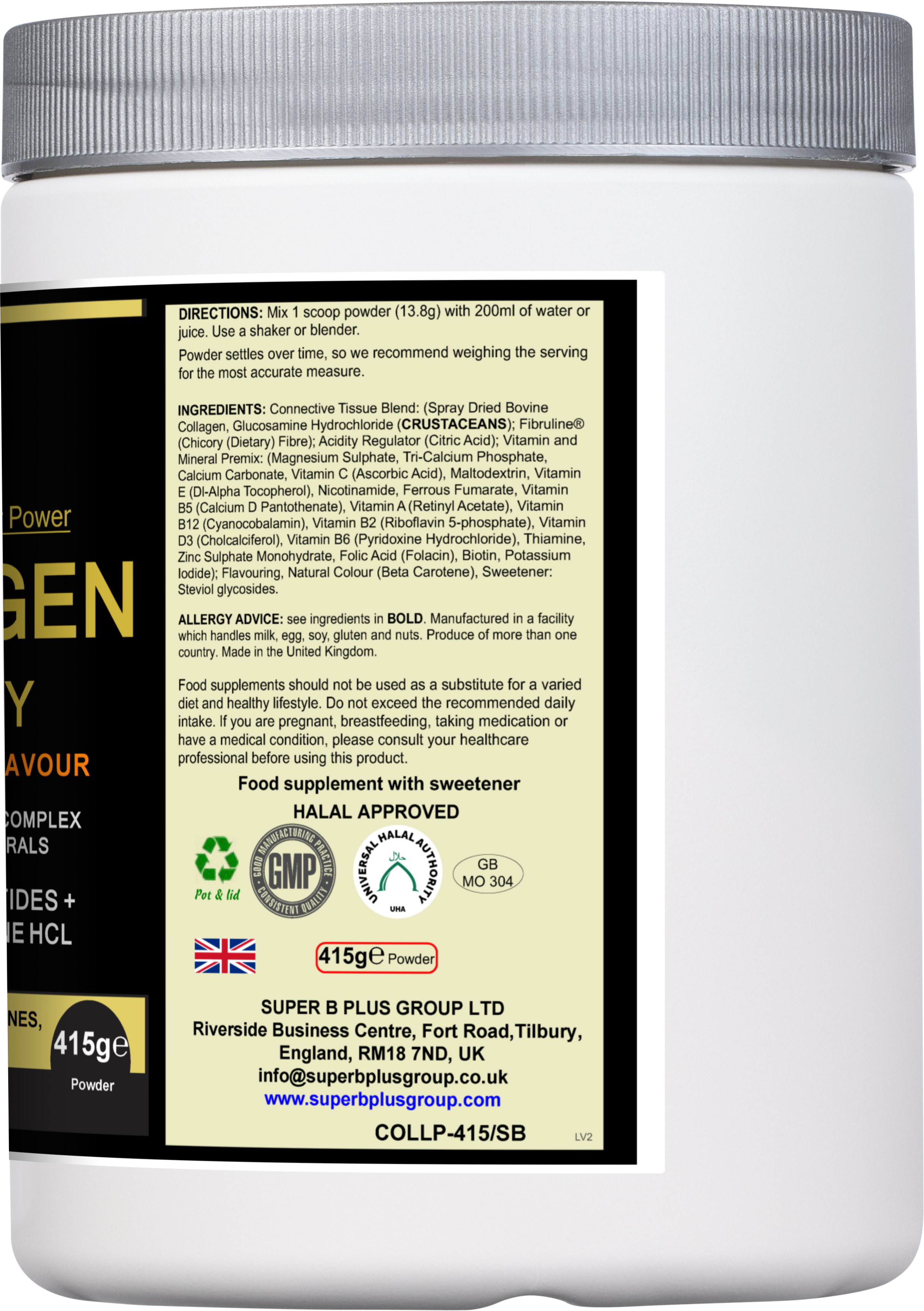 Tub of sweet orange Collagen Vitality supplement powder for joint and beauty support. — view 3