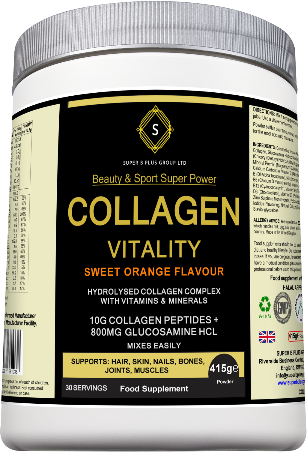 Tub of sweet orange Collagen Vitality supplement powder for joint and beauty support. — view 4