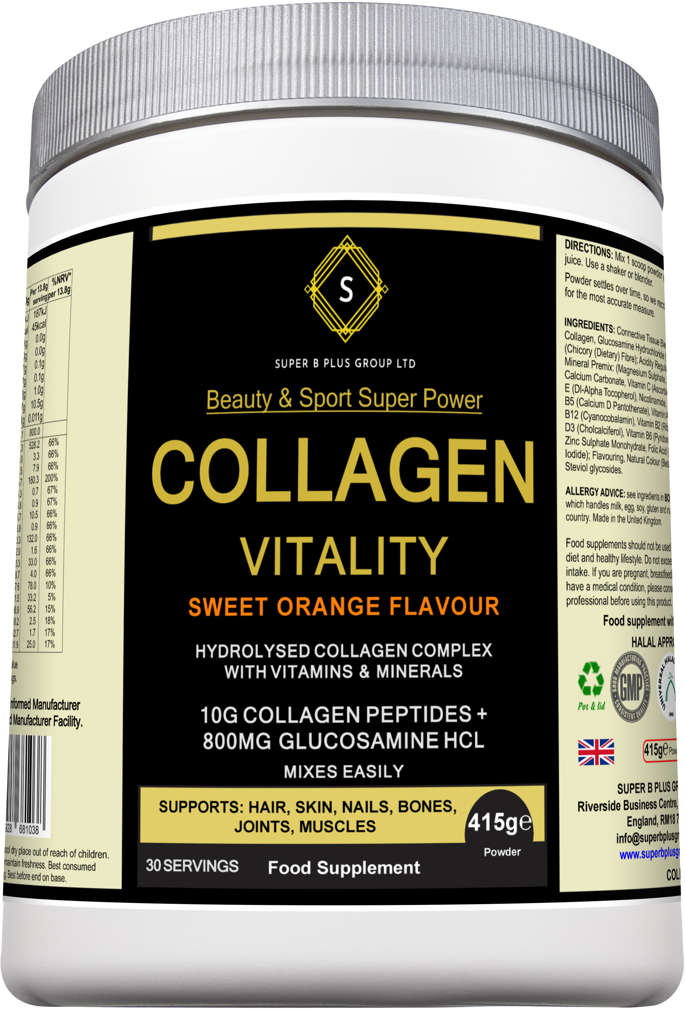 Tub of sweet orange Collagen Vitality supplement powder for joint and beauty support. — view 4