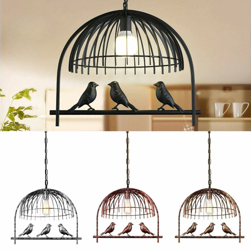 Industrial birdcage pendant light in vintage brass with black cable and round ceiling canopy
