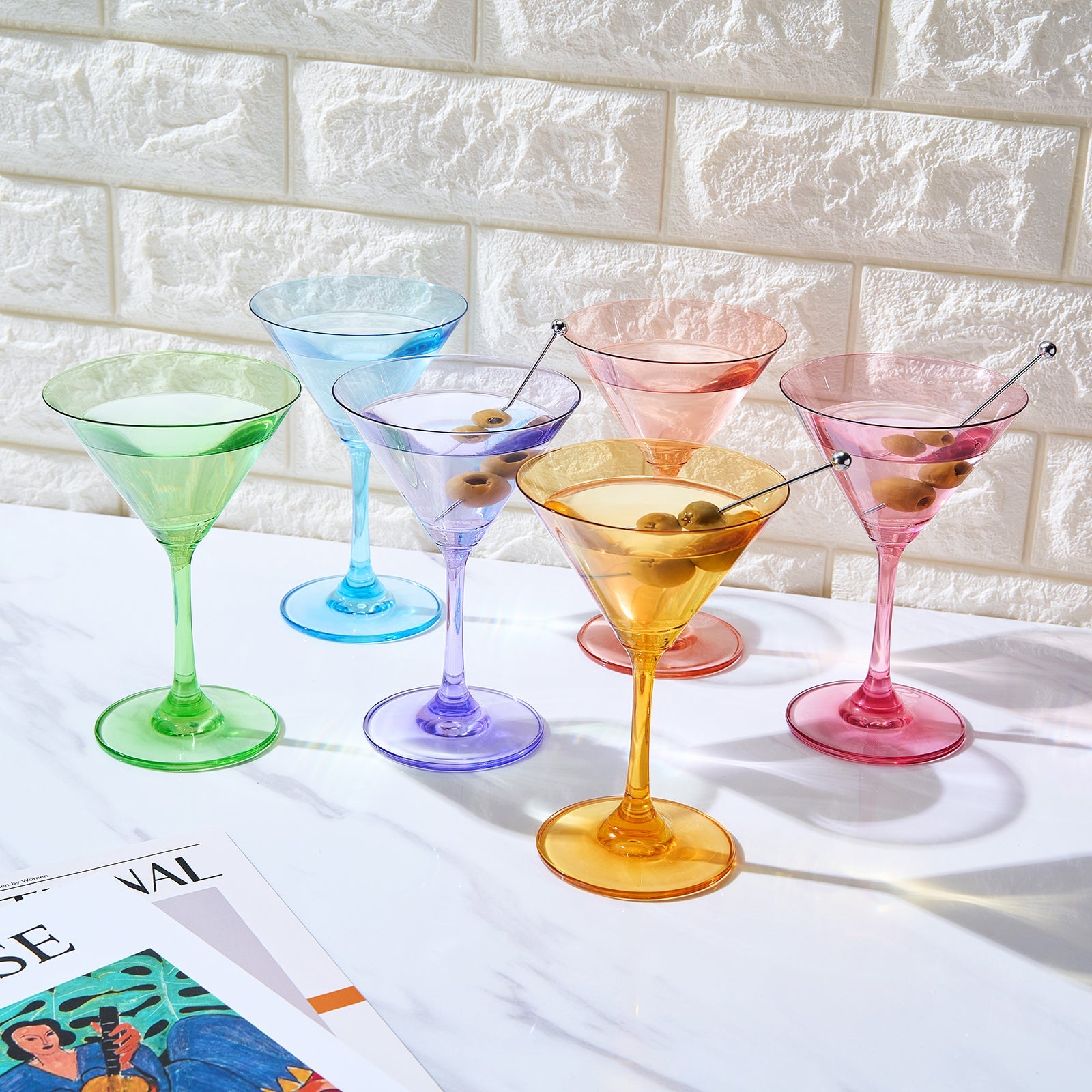 Multi-colored crystal martini glasses set of six with elegant gold rims for entertaining — view 2
