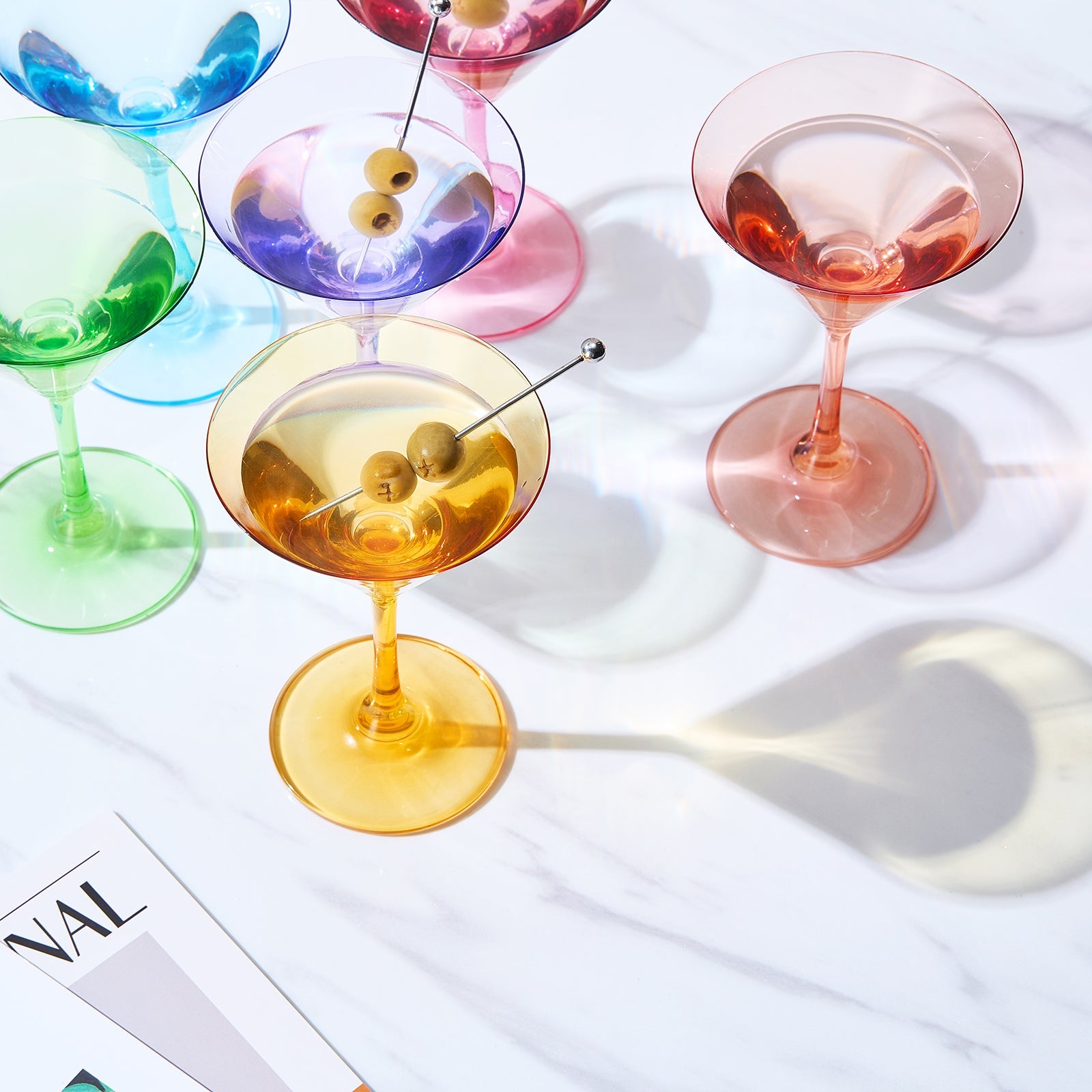 Multi-colored crystal martini glasses set of six with elegant gold rims for entertaining — view 3