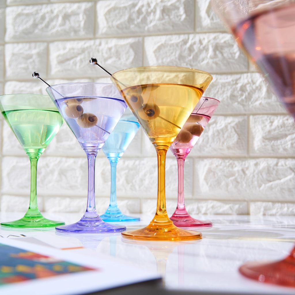 Multi-colored crystal martini glasses set of six with elegant gold rims for entertaining — view 4