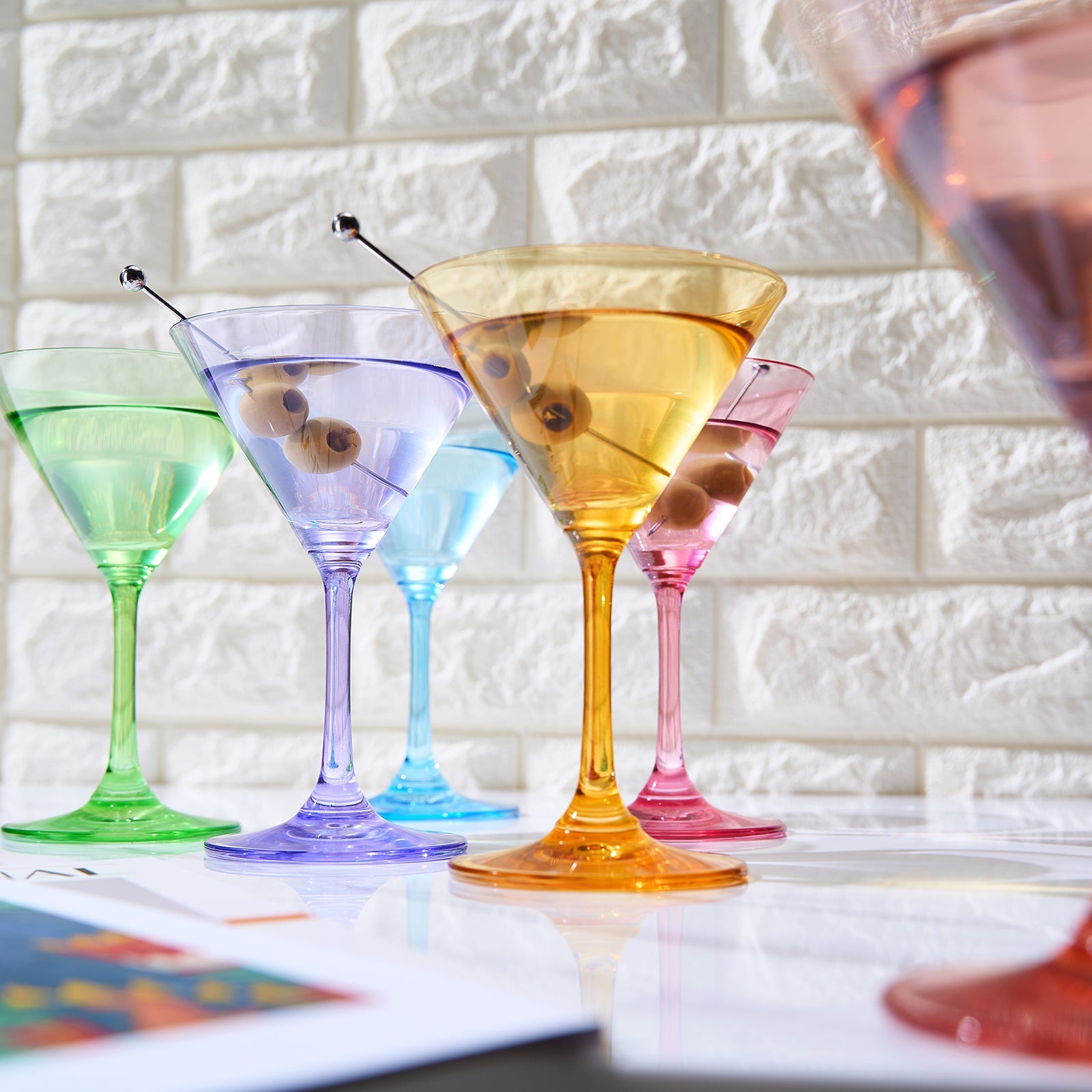 Multi-colored crystal martini glasses set of six with elegant gold rims for entertaining — view 4