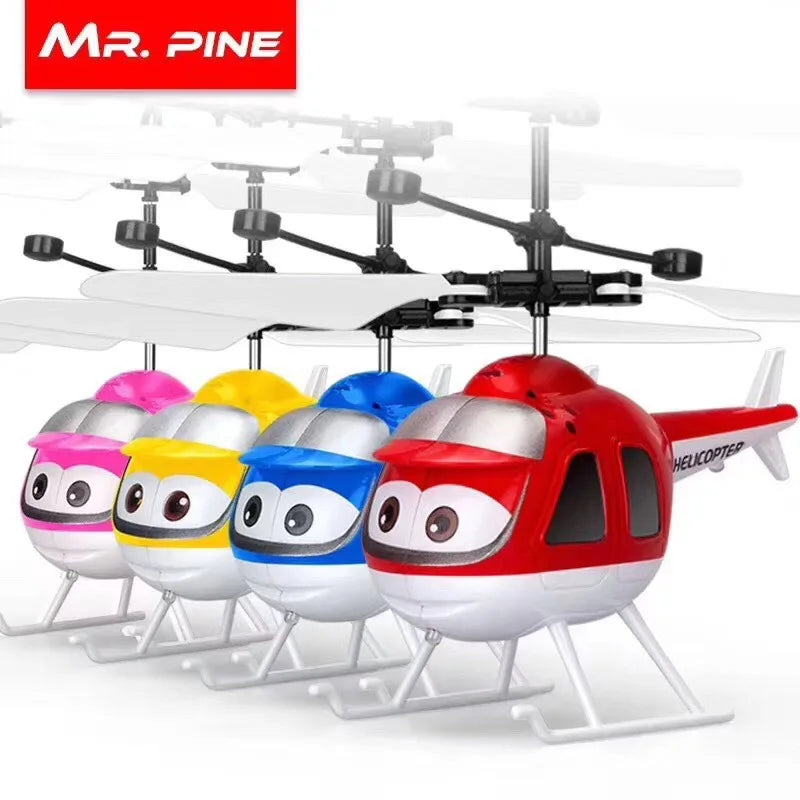 Colorful LED flying RC helicopter toy with induction sensor and flashing lights for kids.
