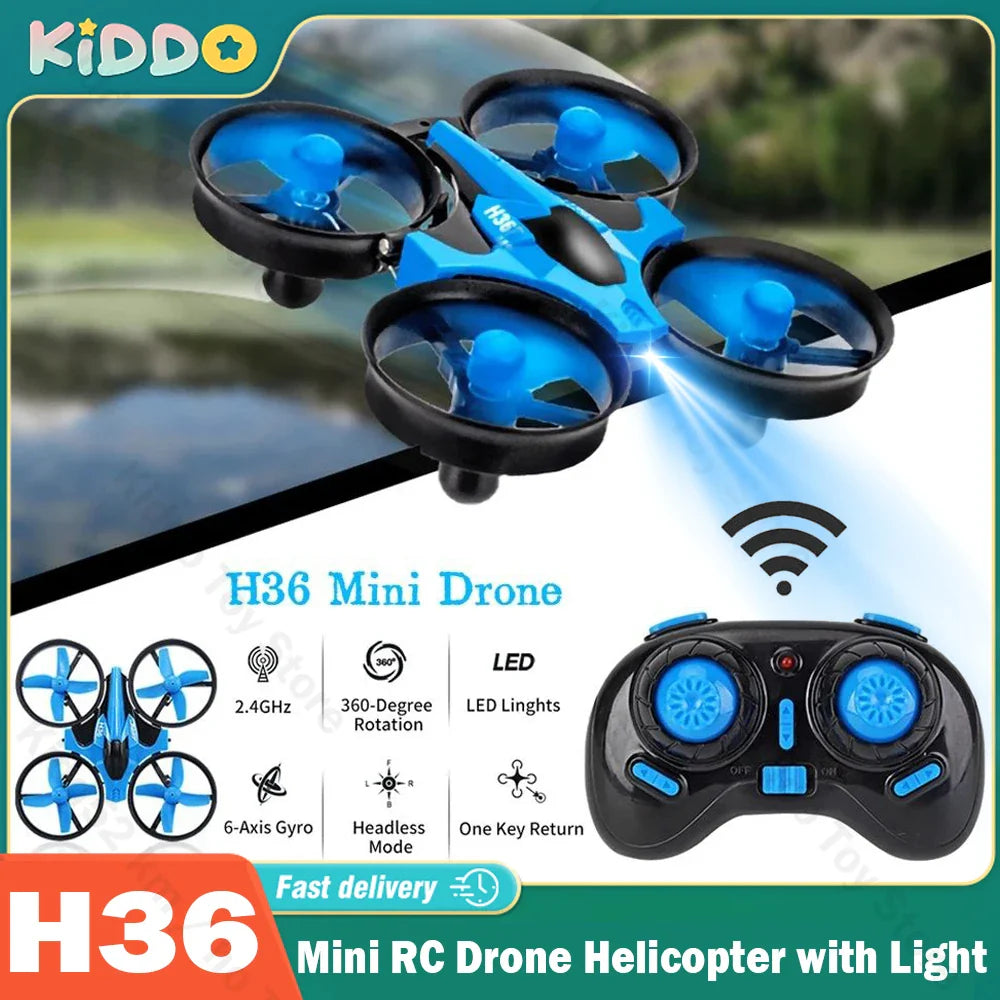 Compact JJRC H36 mini drone with remote controller and spare propeller blades on solid background