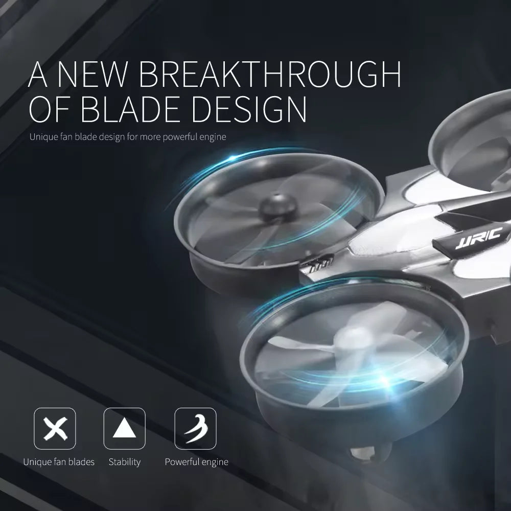 Compact JJRC H36 mini drone with remote controller and spare propeller blades on solid background — view 2