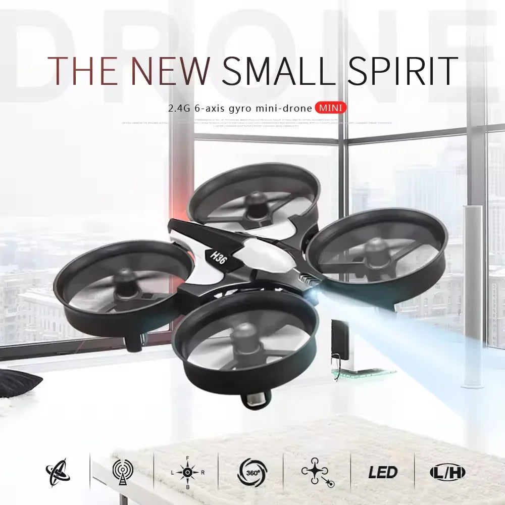 Compact JJRC H36 mini drone with remote controller and spare propeller blades on solid background — view 3