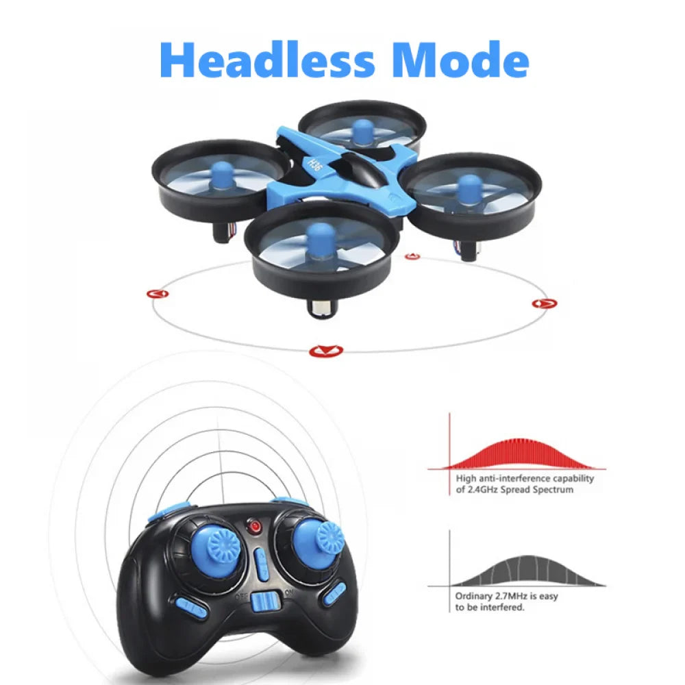 Compact JJRC H36 mini drone with remote controller and spare propeller blades on solid background — view 5