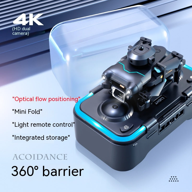 Compact mini drone in sleek plastic with HD dual camera for aerial photography and hovering.