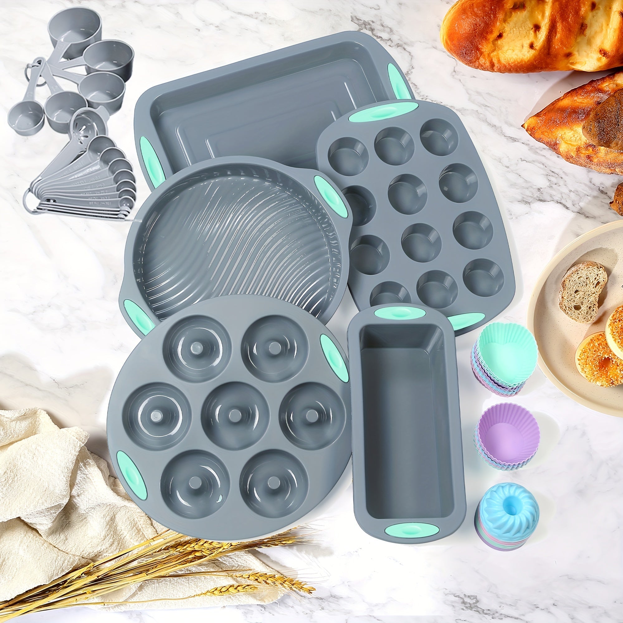 45-piece complete silicone baking set featuring non-stick pans measuring cups and kitchen utensils