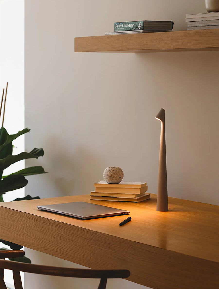 Nordic portable table lamp in matte aluminum tall sculptural design with warm ambient LED glow — view 5