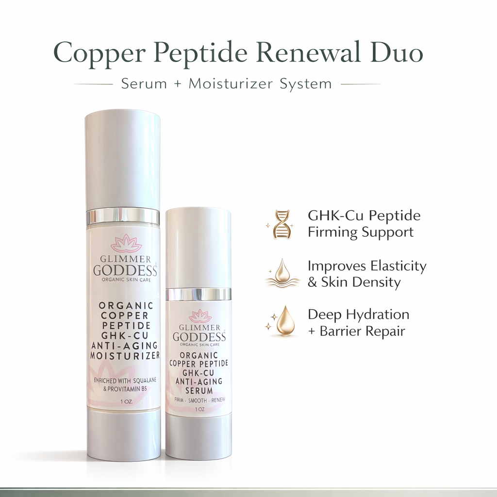 Copper Peptide Duo anti-aging serum and moisturizer bottles arranged together for a premium skincare routine
