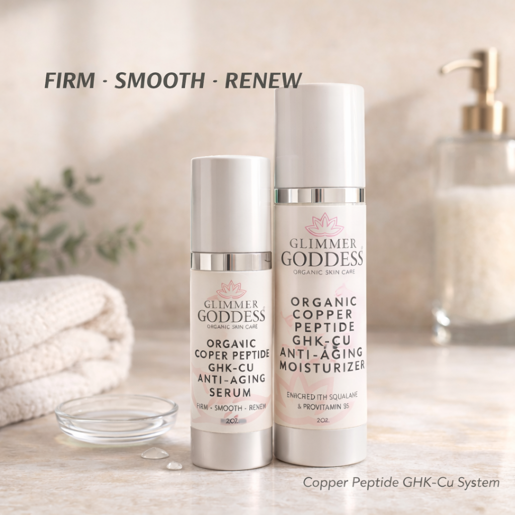 Copper Peptide Duo anti-aging serum and moisturizer bottles arranged together for a premium skincare routine — view 2