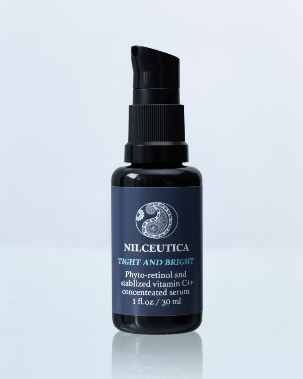 Bottle of Tight and Bright phyto-retinol and vitamin C face serum for anti-aging and hyperpigmentation