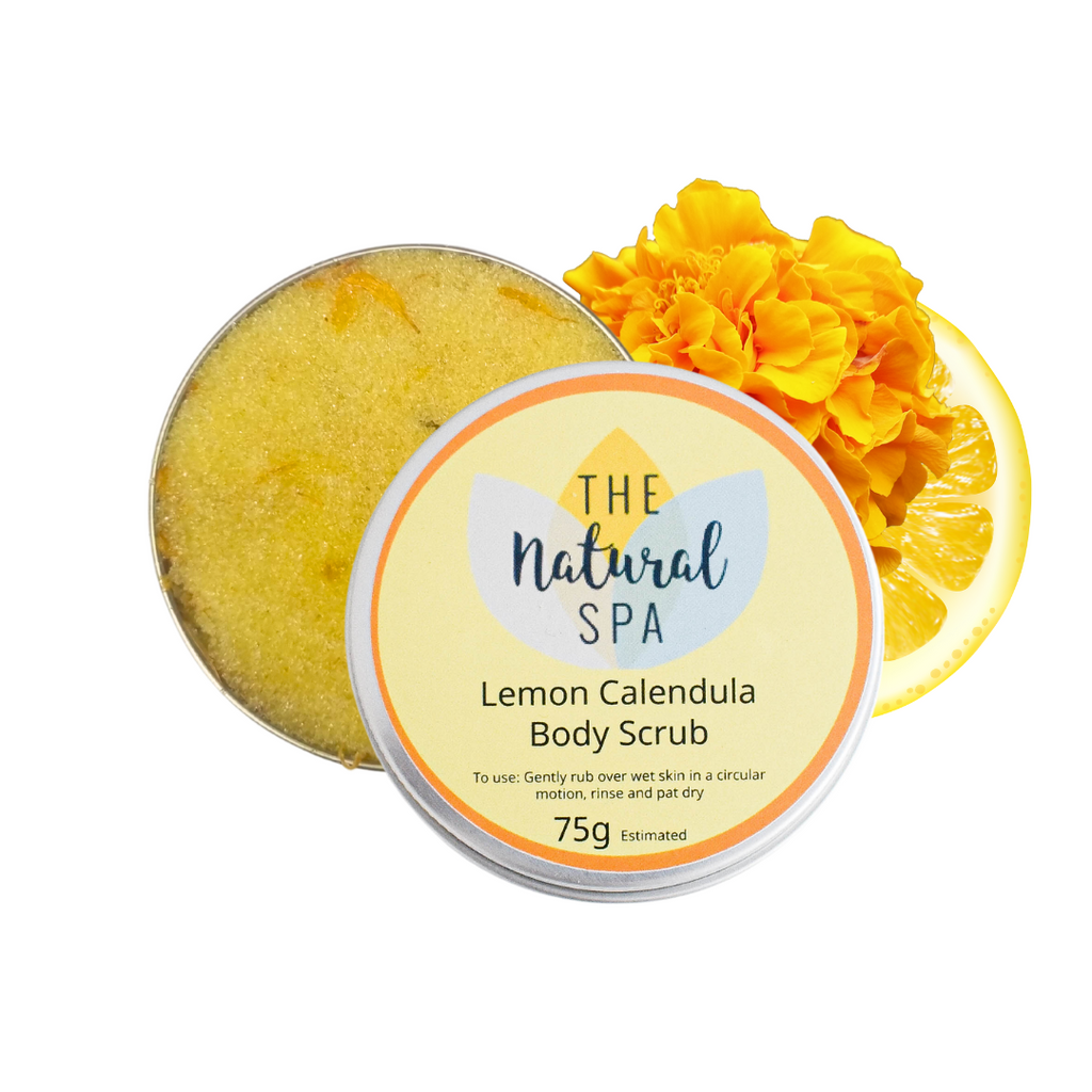 Lemon calendula sugar body scrub in plastic-free packaging showcasing a natural exfoliating granular texture — view 2