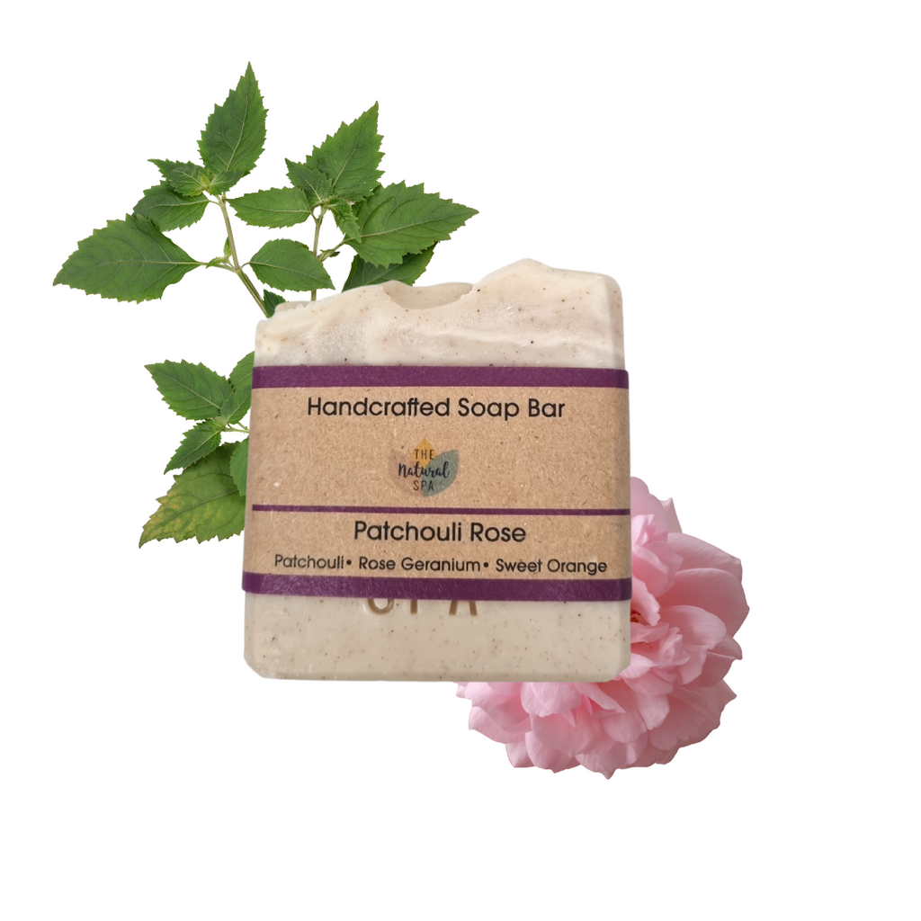 Patchouli and rose natural handcrafted vegan soap bar with rustic botanical texture and clay finish — view 2