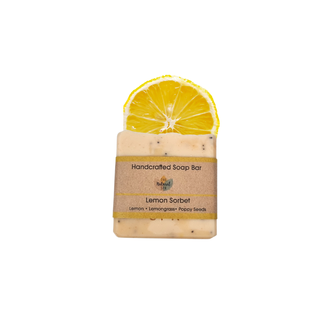 Lemon sorbet handmade natural soap bar with poppy seeds, showcasing a textured yellow botanical finish. — view 2
