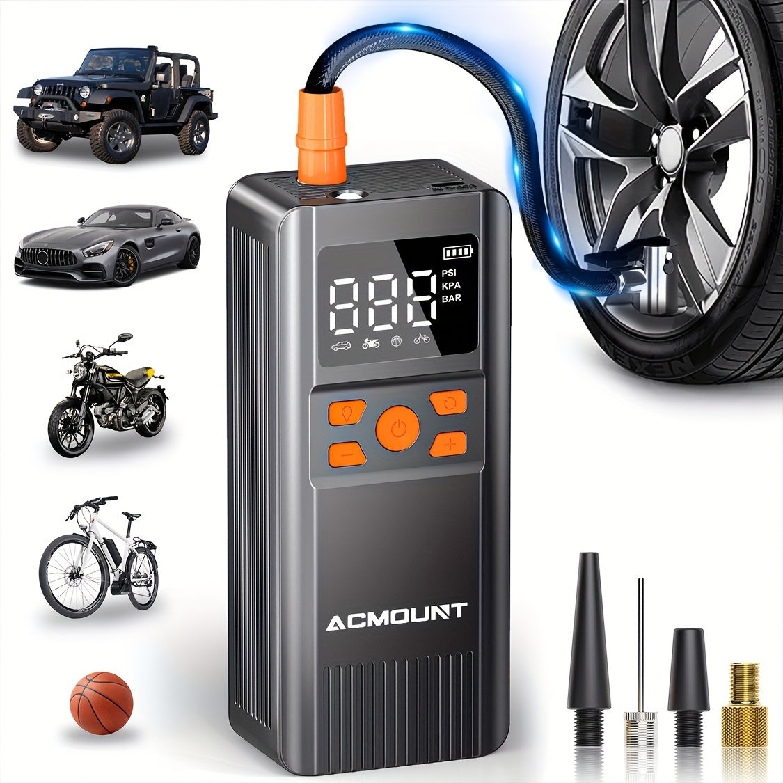 Cordless tire inflator and portable 150PSI air compressor with digital display gauge and LED light — view 2