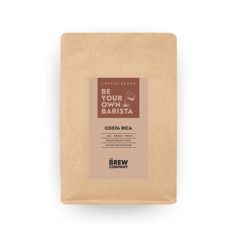 Bag of fresh Costa Rica Tarrazu whole coffee beans in eco-friendly kraft paper packaging