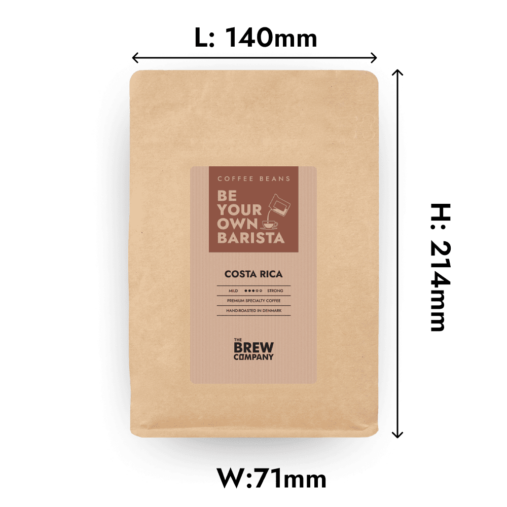 Bag of fresh Costa Rica Tarrazu whole coffee beans in eco-friendly kraft paper packaging — view 2