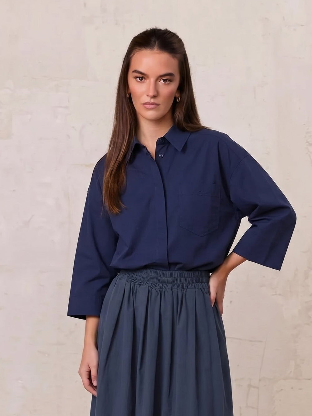 Cotton Crop Blouse-Navy-0