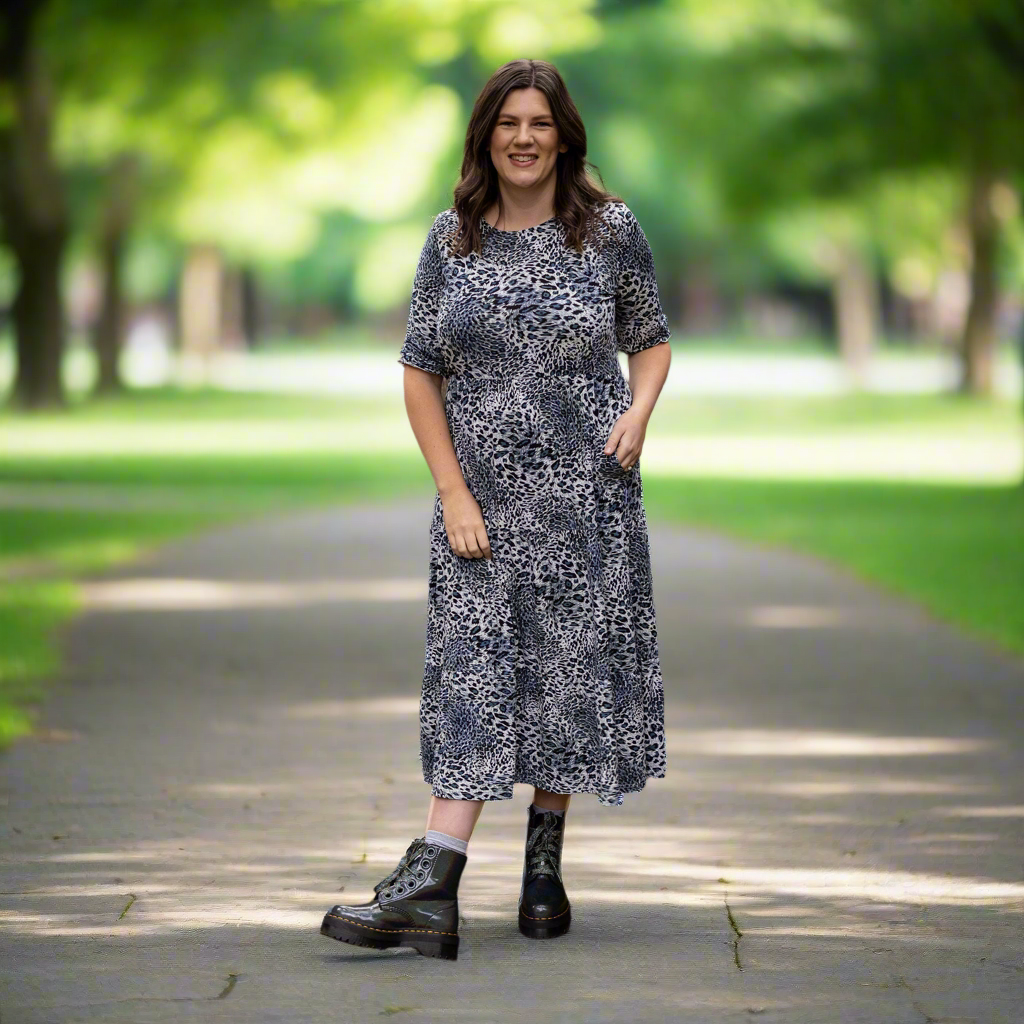 Grey leopard print cotton breastfeeding midi dress with a smock fit and hidden zips — view 3