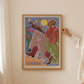 Retro Cowboy Art Print featuring a rugged cowboy, desert plants, and a classic horse
