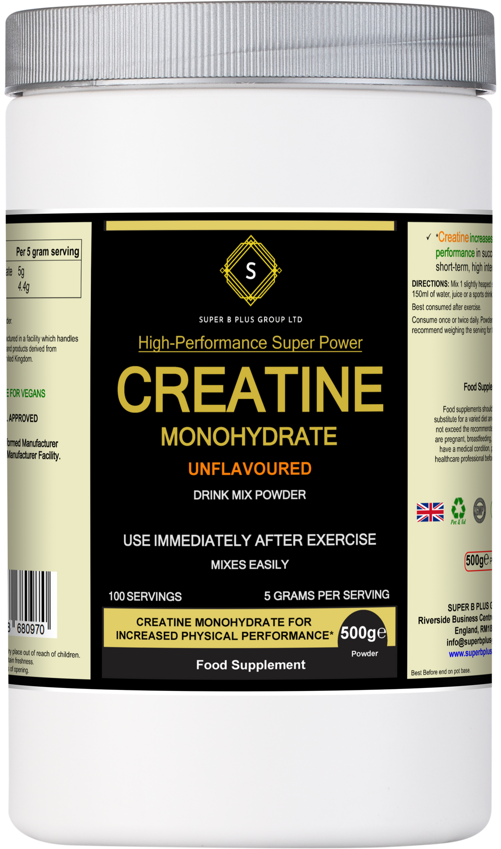 Pure unflavoured creatine monohydrate powder in a 500g nutritional supplement tub for muscle growth