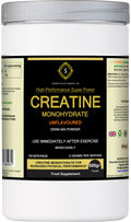 Pure unflavoured creatine monohydrate powder in a 500g nutritional supplement tub for muscle growth