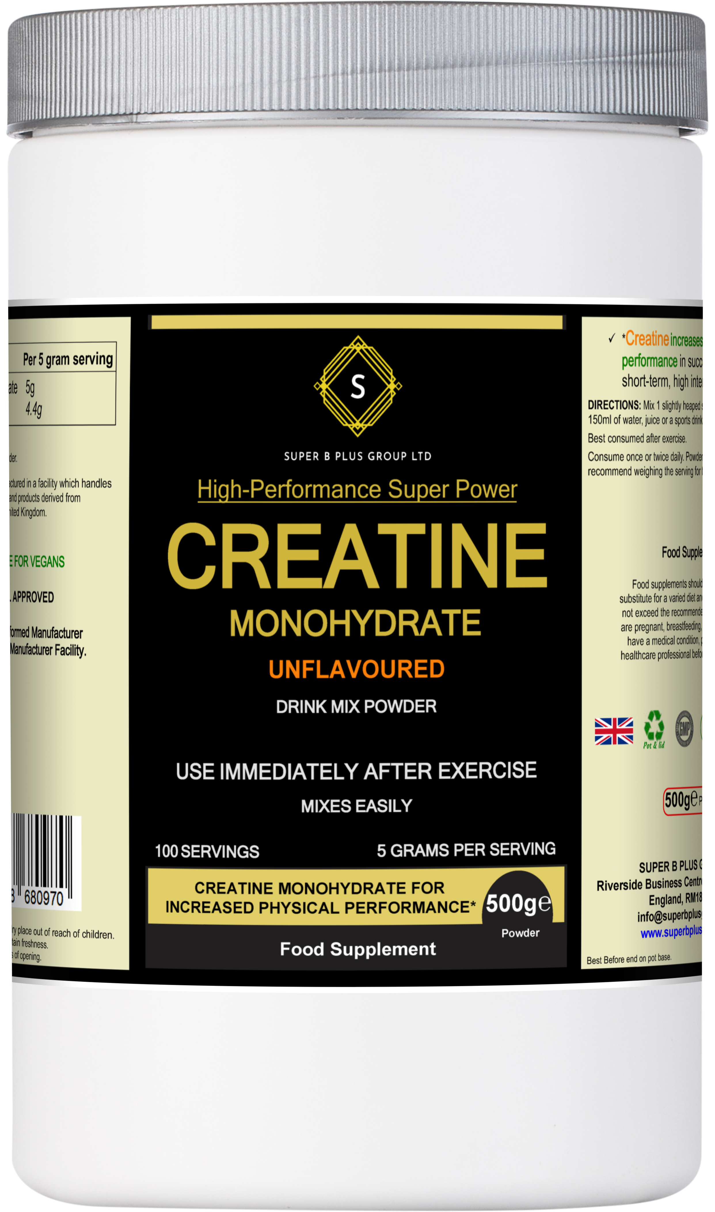 Pure unflavoured creatine monohydrate powder in a 500g nutritional supplement tub for muscle growth