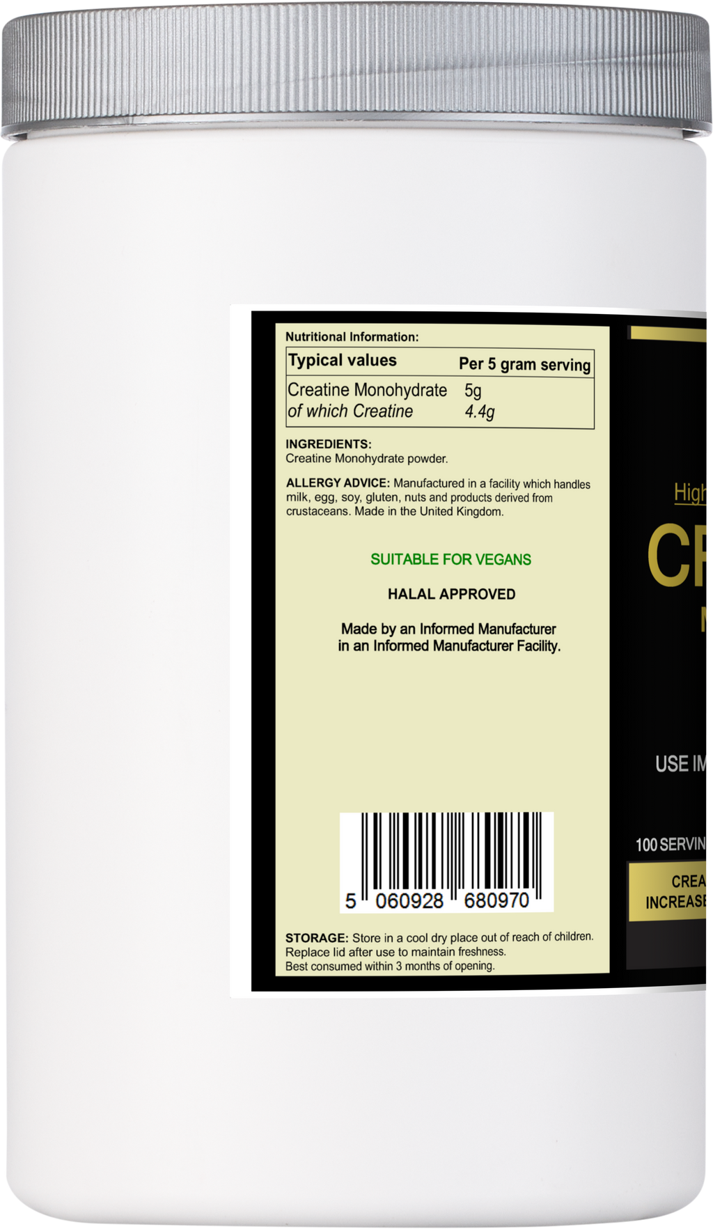 Pure unflavoured creatine monohydrate powder in a 500g nutritional supplement tub for muscle growth — view 2