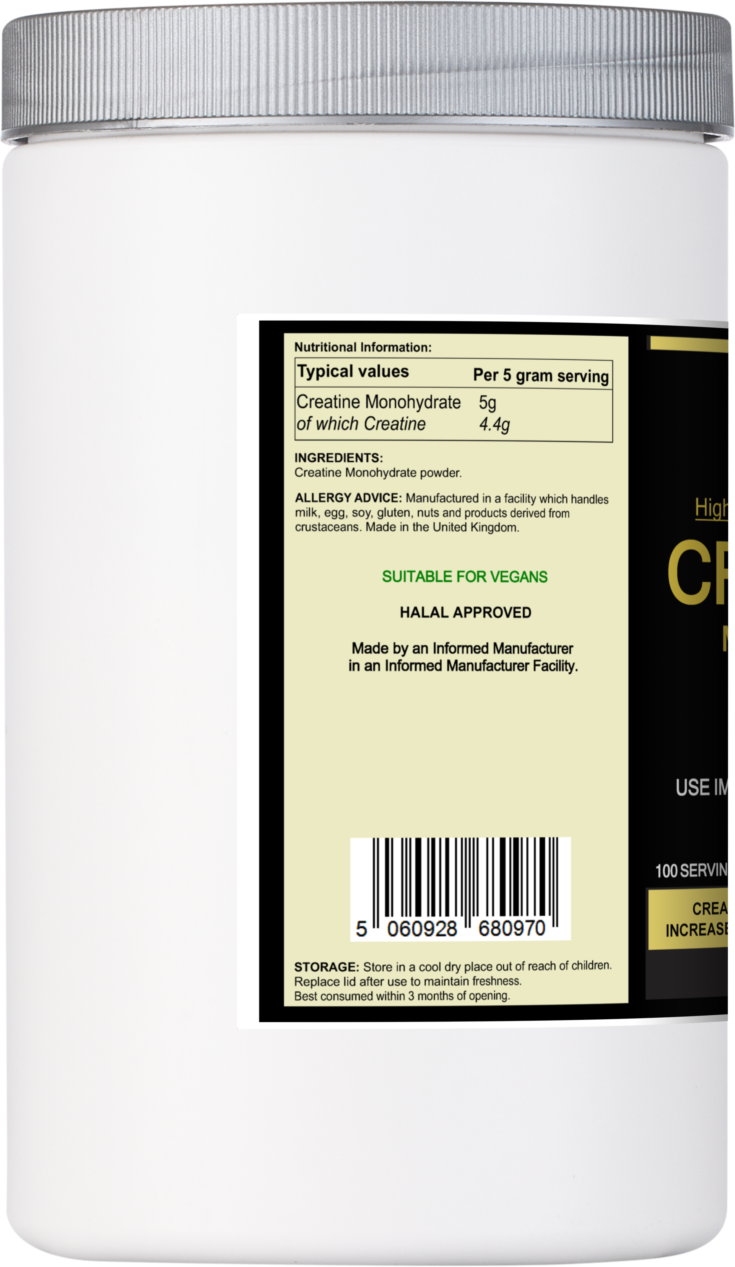 Pure unflavoured creatine monohydrate powder in a 500g nutritional supplement tub for muscle growth — view 2