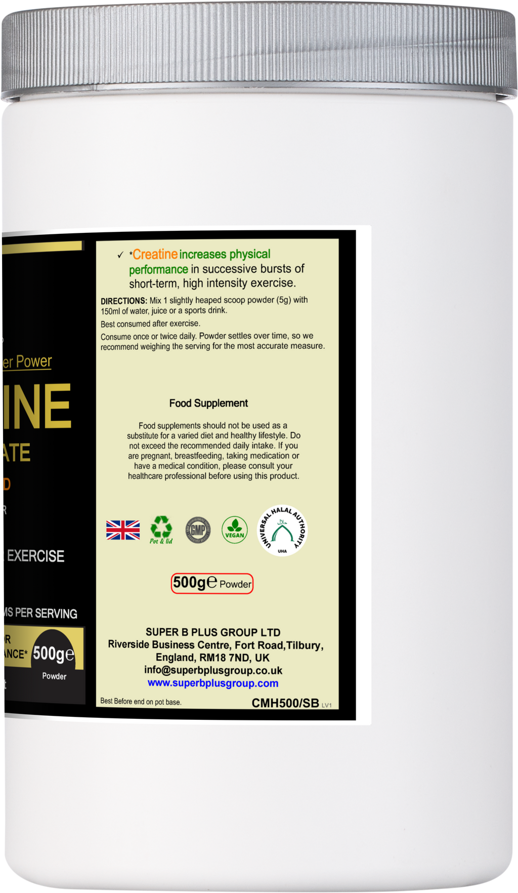 Pure unflavoured creatine monohydrate powder in a 500g nutritional supplement tub for muscle growth — view 3