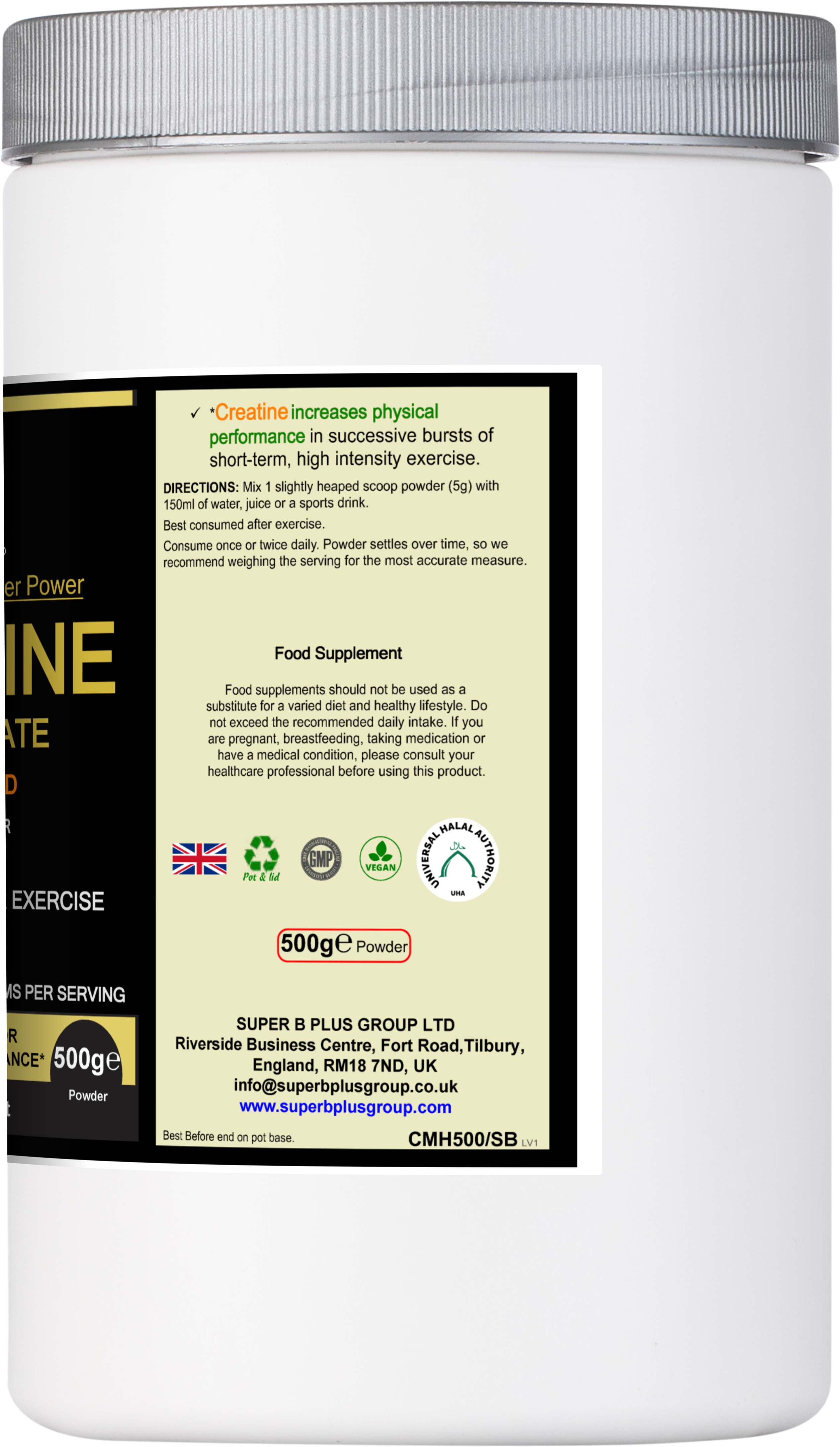 Pure unflavoured creatine monohydrate powder in a 500g nutritional supplement tub for muscle growth — view 3