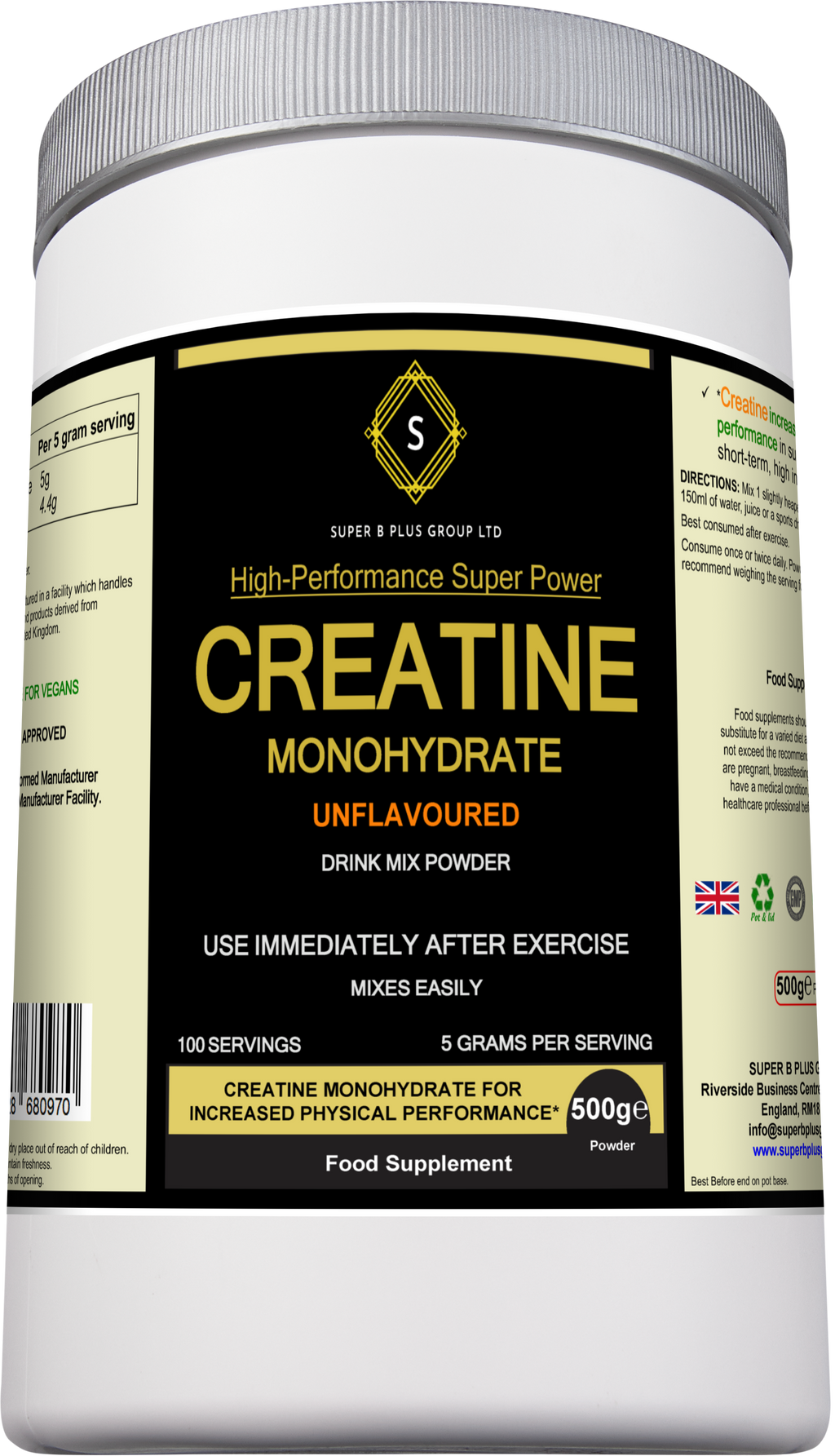 Pure unflavoured creatine monohydrate powder in a 500g nutritional supplement tub for muscle growth — view 4