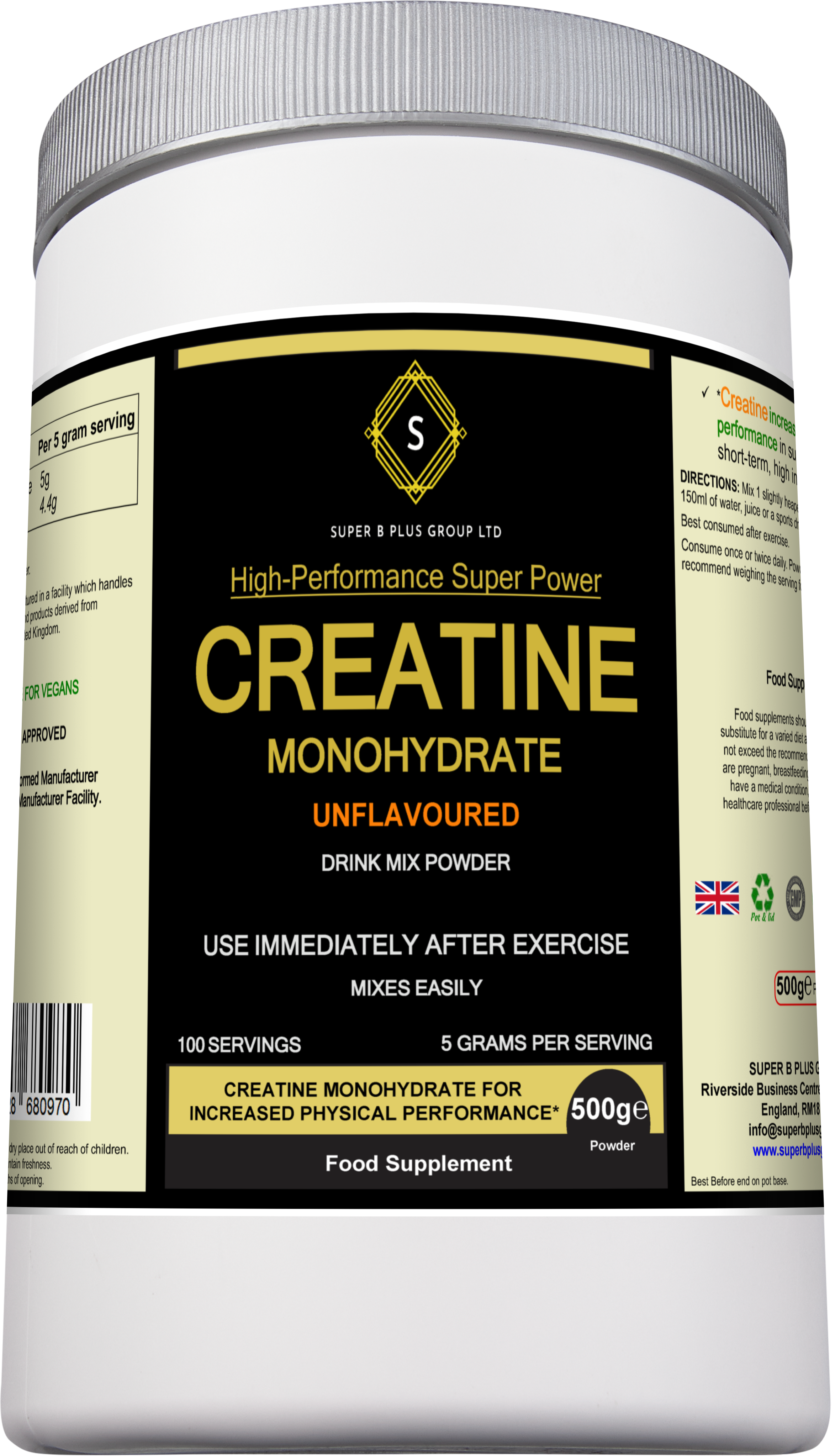 Pure unflavoured creatine monohydrate powder in a 500g nutritional supplement tub for muscle growth — view 4