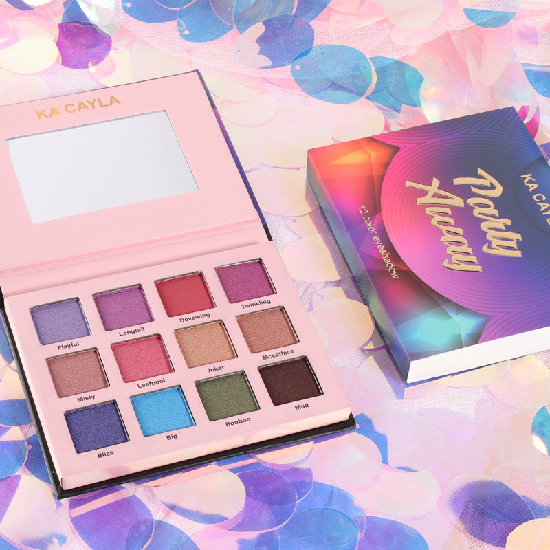 Open 12-color eyeshadow palette in a compact black case showing vibrant and neutral shades — view 3